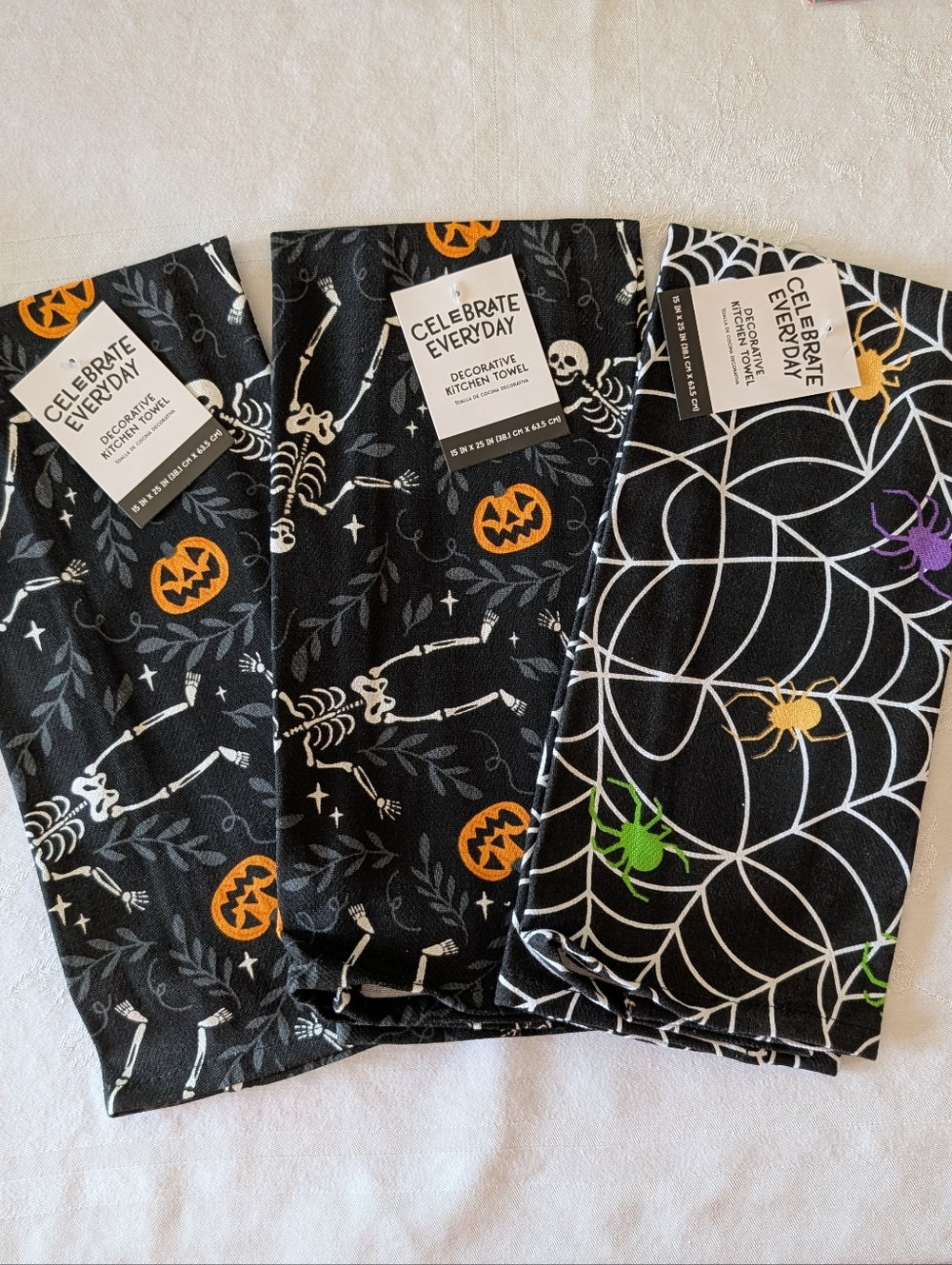 Halloween Decorative Kitchen Towels - Black with Orange & Multicolor Accents NEW